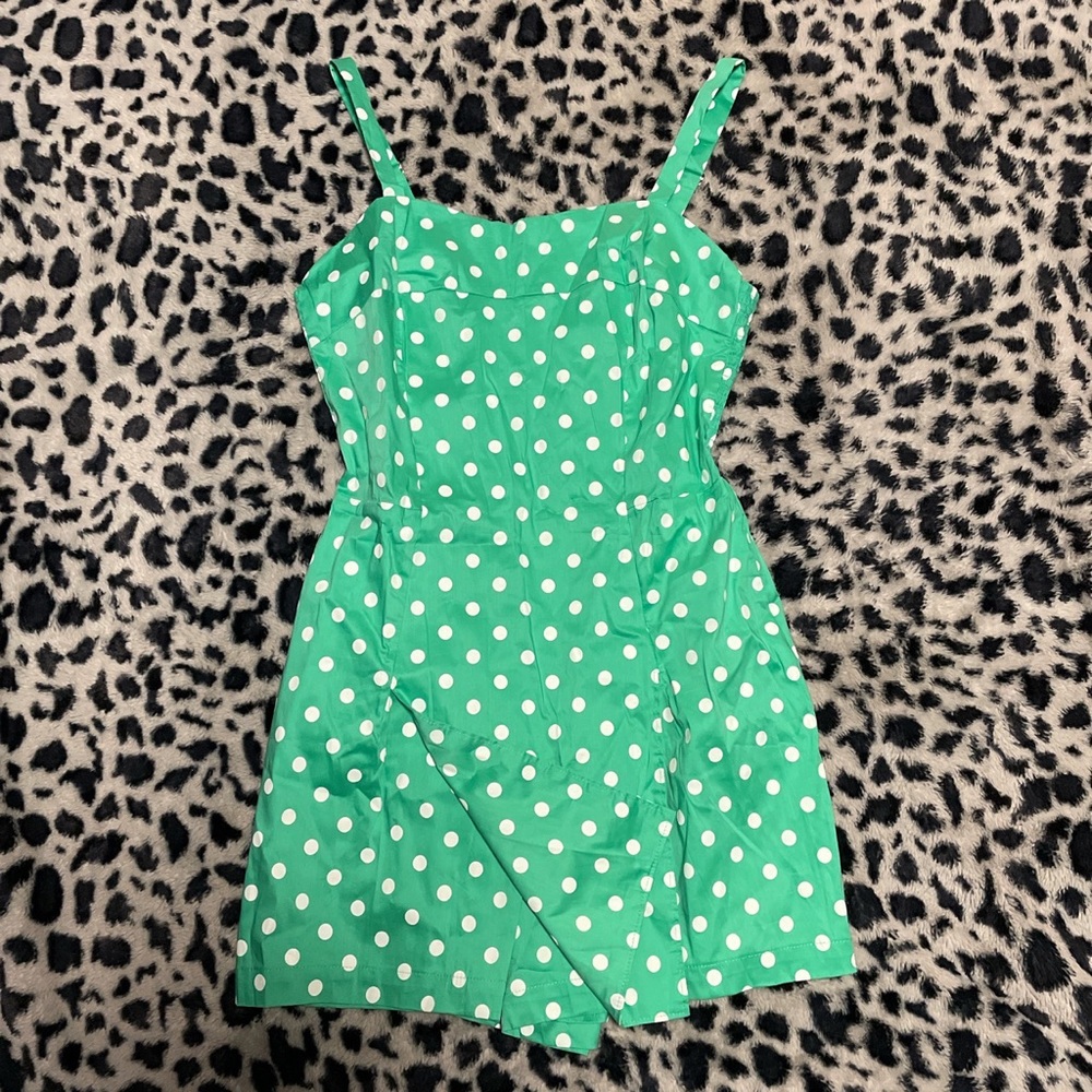 Unique vintage dolly romper in green and white dot